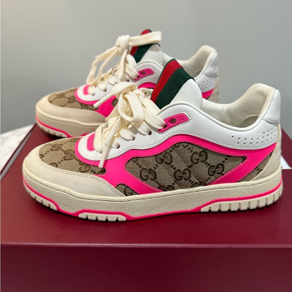 Gucci Re-Web Sneakers In White/Fluorescent Pink/Ebony Size 37.5